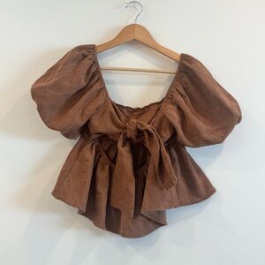 Brown Boho Puff Sleeve Bow Tie Babydoll Top